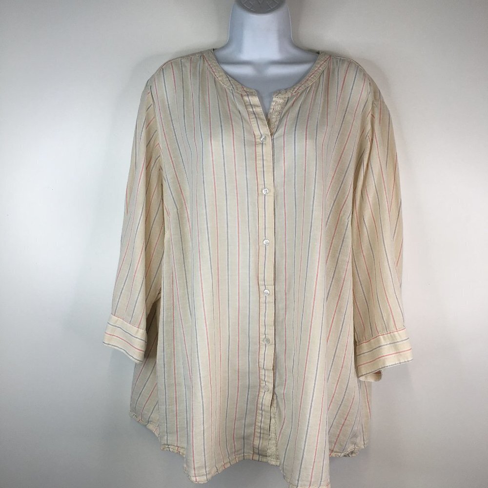 Lane Bryant Linen Blend Beige Stripe Button Down Blouse Size 26/28